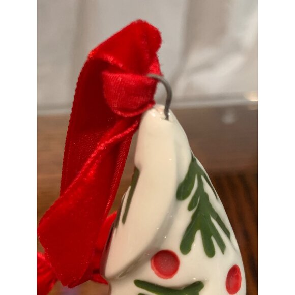 Mud Pie Christmas Tree Ornament Ceramic Red Ribbon Hanger & Green Pine Holly - Picture 5 of 5